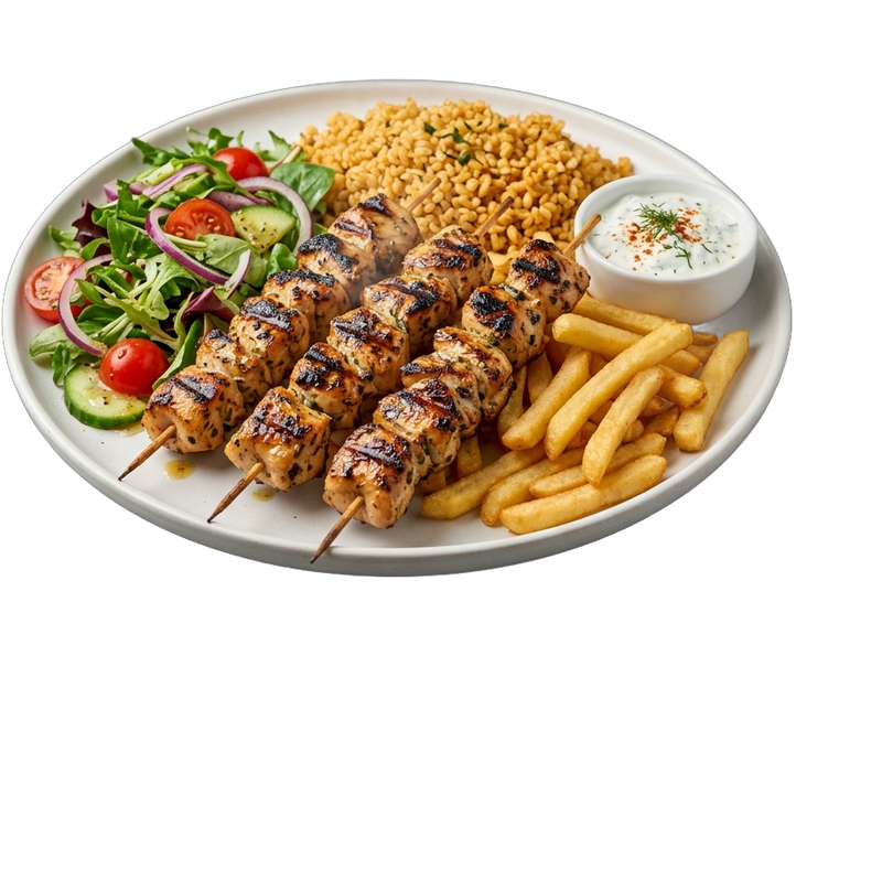 Bosphorus Grill – Hähnchen Spieß mit Salat, Bulgur und Pommes