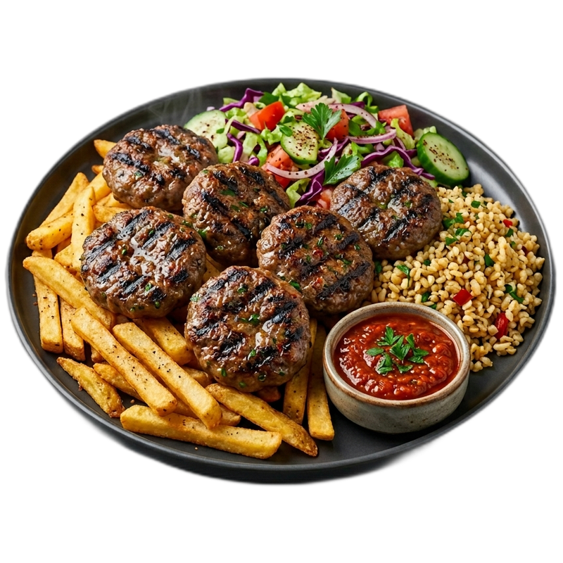 Bosphorus Grill – Köfte Teller mit Pommes, Bulgur, Salat und Soße